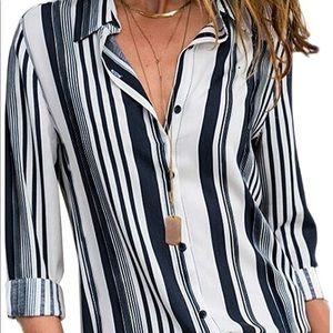 Astylish Women V Neck Striped Roll up Down Blouse